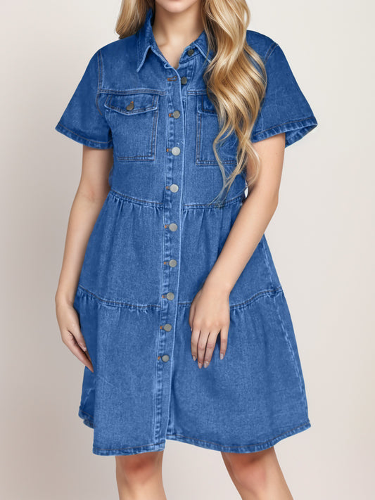 Button Up Short Sleeve Denim Dress-Teresa&#39;s Fashionista LLC