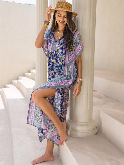 V-Neck Printed Slit Maxi Dress-Teresa&#39;s Fashionista LLC