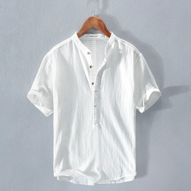 Men's Stand Collar Japanese Ice Silk Linen Short Sleeve T-shirt-Teresa&#39;s Fashionista LLC