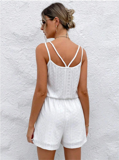 Eyelet Scoop Neck Double Spaghetti Straps Romper-Teresa&#39;s Fashionista LLC