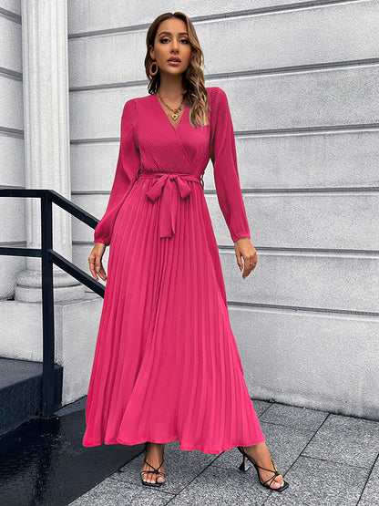 V-Neck Tie Waist Pleated Maxi Dress-Teresa&#39;s Fashionista LLC