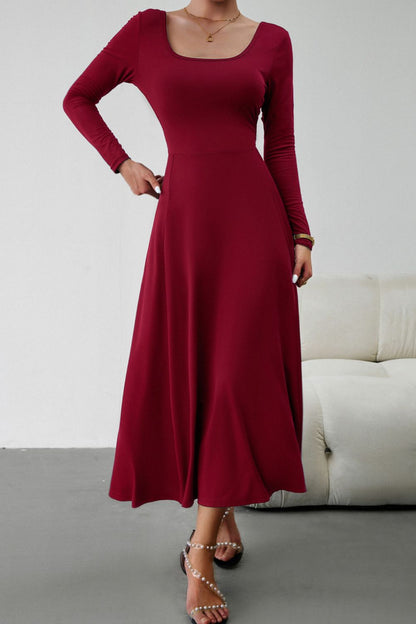 Scoop Neck Long Sleeve Lace-Up Maxi Dress-Teresa&#39;s Fashionista LLC