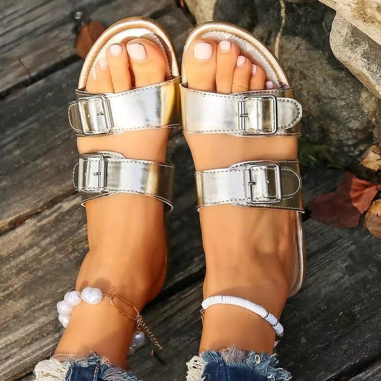 Open Toe Double Buckle Sandals-Teresa&#39;s Fashionista LLC