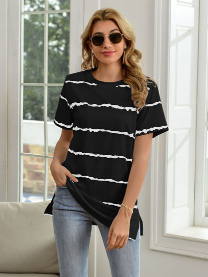 Striped Round Neck Short Sleeve T-Shirt-Teresa&#39;s Fashionista LLC