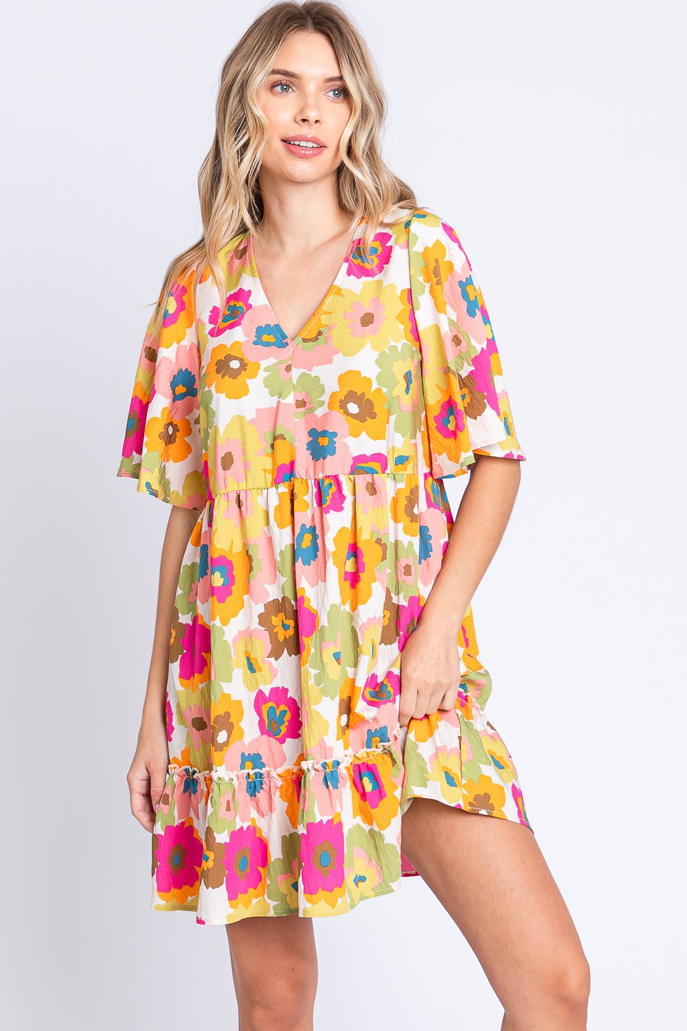 GeeGee Floral V-Neck Ruffle Hem Mini Dress-Teresa&#39;s Fashionista LLC