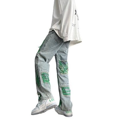 Green Ripped Jeans For Men Raw Embroidery-Teresa&#39;s Fashionista LLC