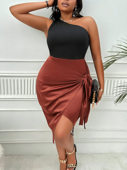 Plus Size One-Shoulder Sleeveless Tied Dress-Teresa&#39;s Fashionista LLC