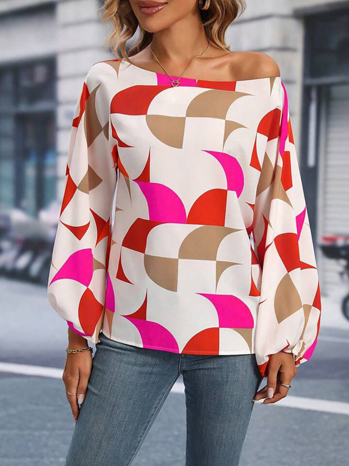 Printed One Shoulder Balloon Sleeve Blouse-Teresa&#39;s Fashionista LLC