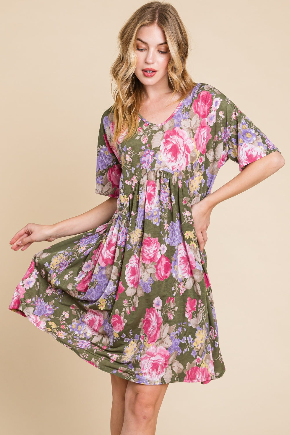 BOMBOM Flower Print V-Neck Ruched Dress-Teresa&#39;s Fashionista LLC