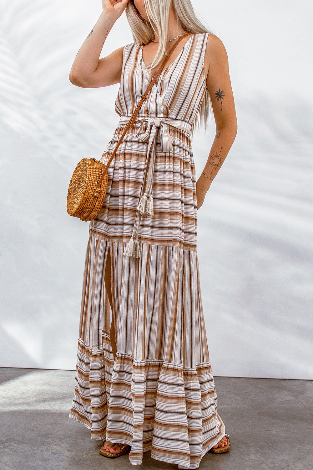 Striped Tie Waist Slit Sleeveless Dress-Teresa&#39;s Fashionista LLC