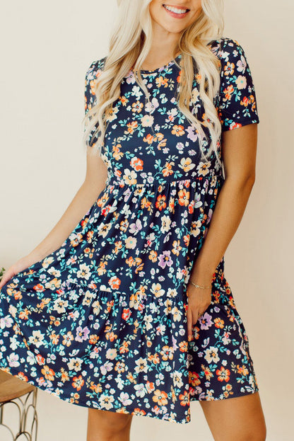 Floral Round Neck Short Sleeve Mini Dress-Teresa&#39;s Fashionista LLC