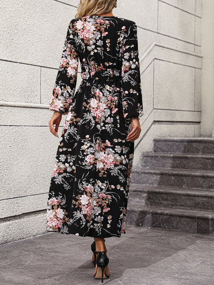 Floral Long Sleeve Surplice Neck Dress-Teresa&#39;s Fashionista LLC