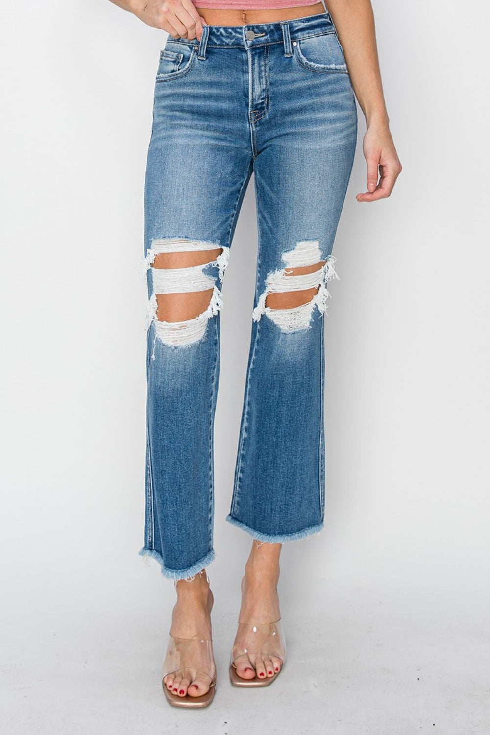 RISEN Mid Rise Distressed Cropped Flare Jeans-Teresa&#39;s Fashionista LLC