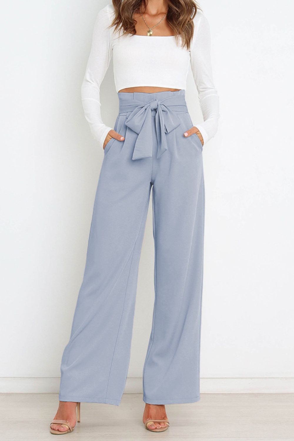 Tie Front Paperbag Wide Leg Pants-Teresa&#39;s Fashionista LLC