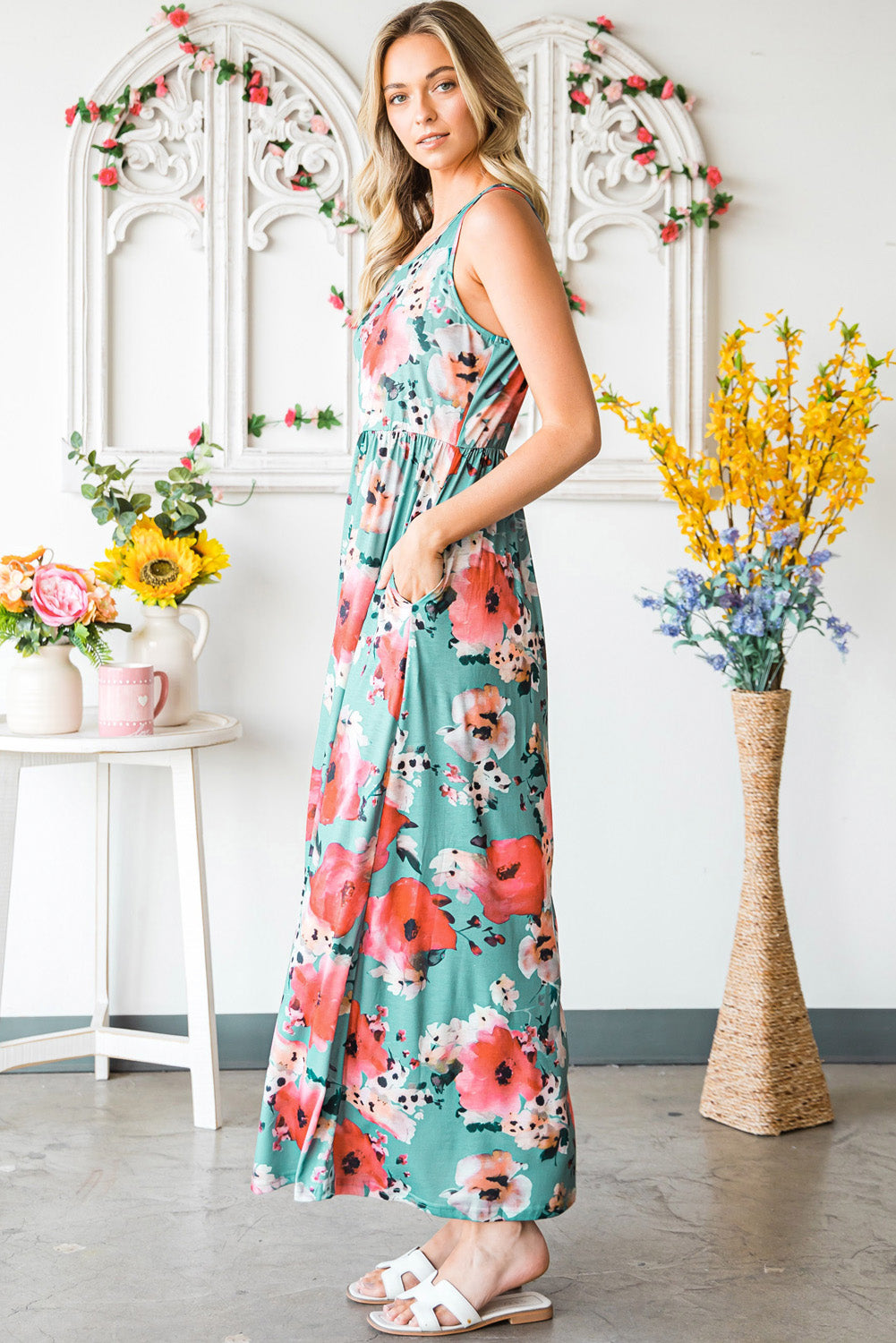 Floral Sleeveless Maxi Dress with Pockets-Teresa&#39;s Fashionista LLC