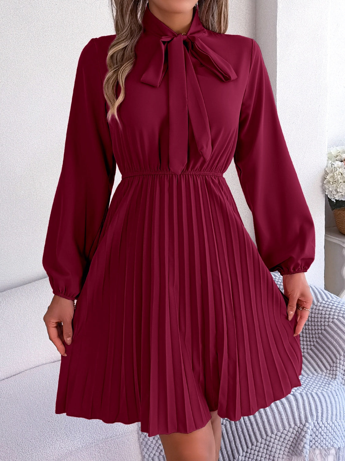 Tie Neck Balloon Sleeve Pleated Dress-Teresa&#39;s Fashionista LLC