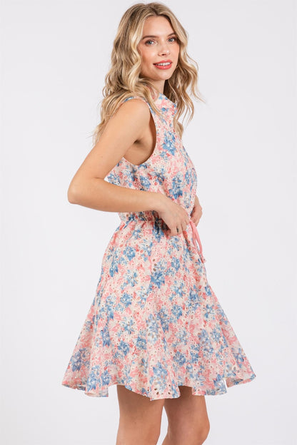 GeeGee Full Size Floral Eyelet Sleeveless Mini Dress-Teresa&#39;s Fashionista LLC