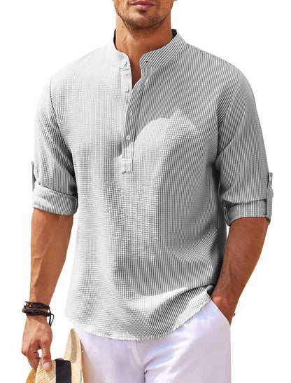 Men's Casual Shirt Long Sleeve Stand Collar Solid Color Shirt Mens Clothing-Teresa&#39;s Fashionista LLC