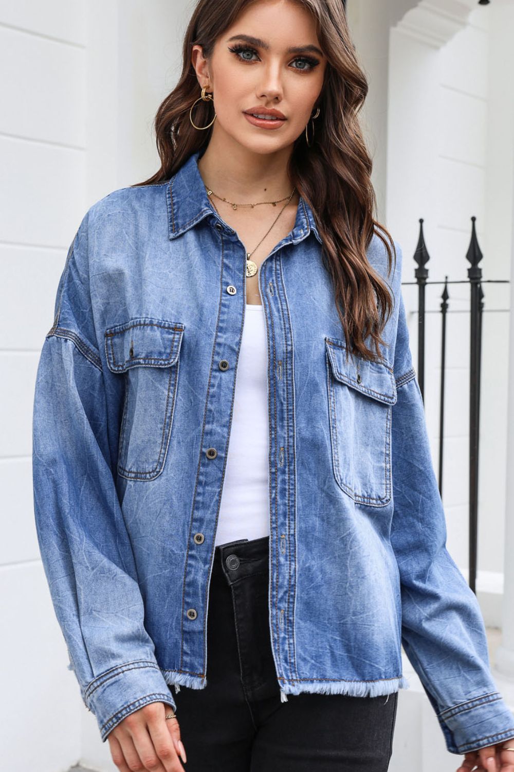 Raw Hem Pocketed Collared Neck Denim Jacket-Teresa&#39;s Fashionista LLC