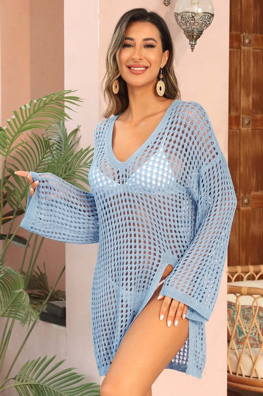 Crochet Side Split Beach Coverups Swimwear Dress-Teresa&#39;s Fashionista LLC