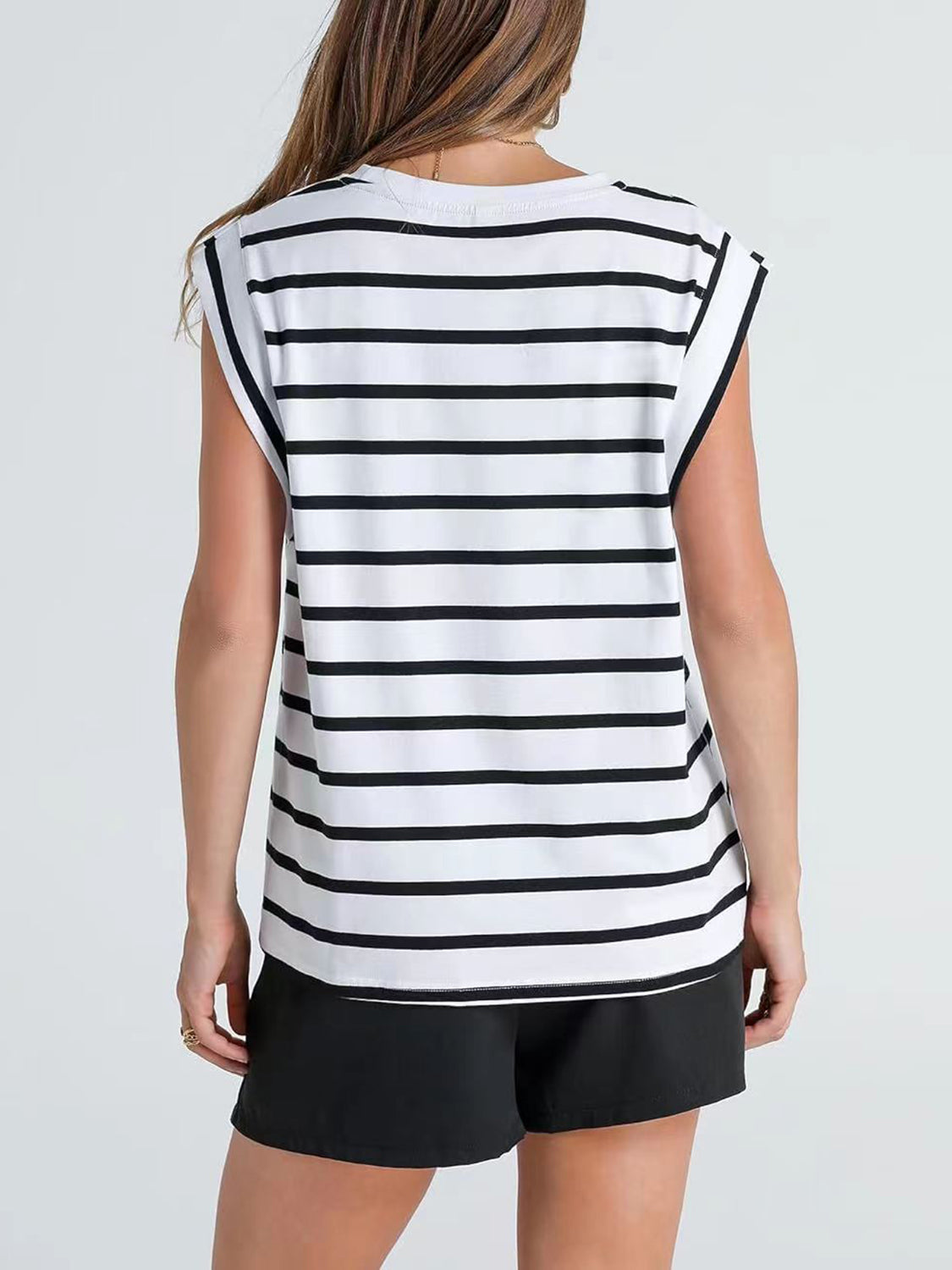 Striped Round Neck Cap Sleeve T-Shirt-Teresa&#39;s Fashionista LLC