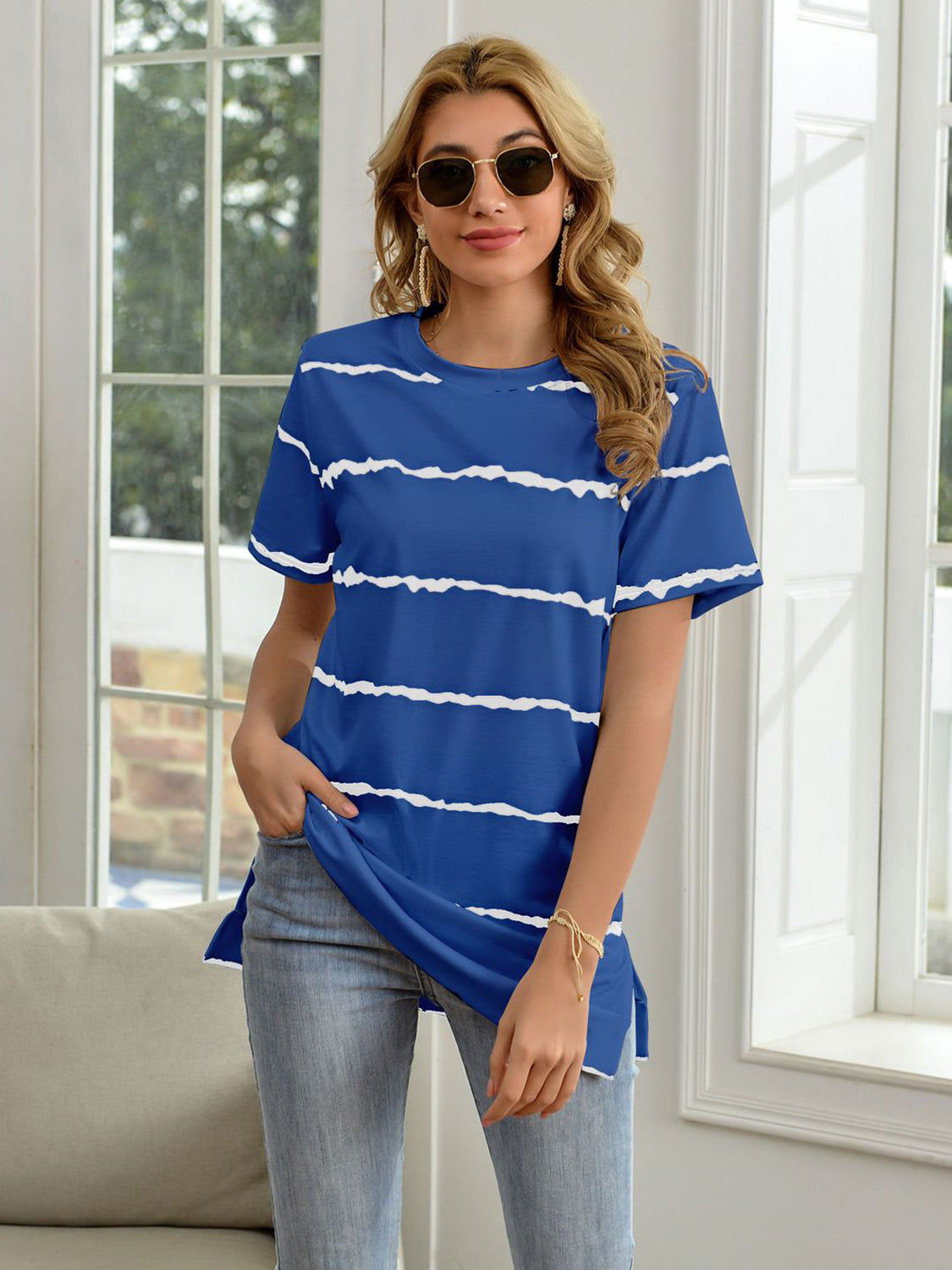 Striped Round Neck Short Sleeve T-Shirt-Teresa&#39;s Fashionista LLC