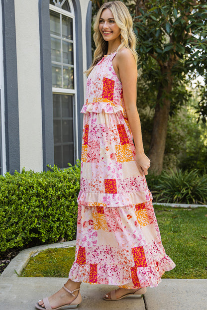 Patchwork Grecian Neck Ruffled Maxi Dress-Teresa&#39;s Fashionista LLC