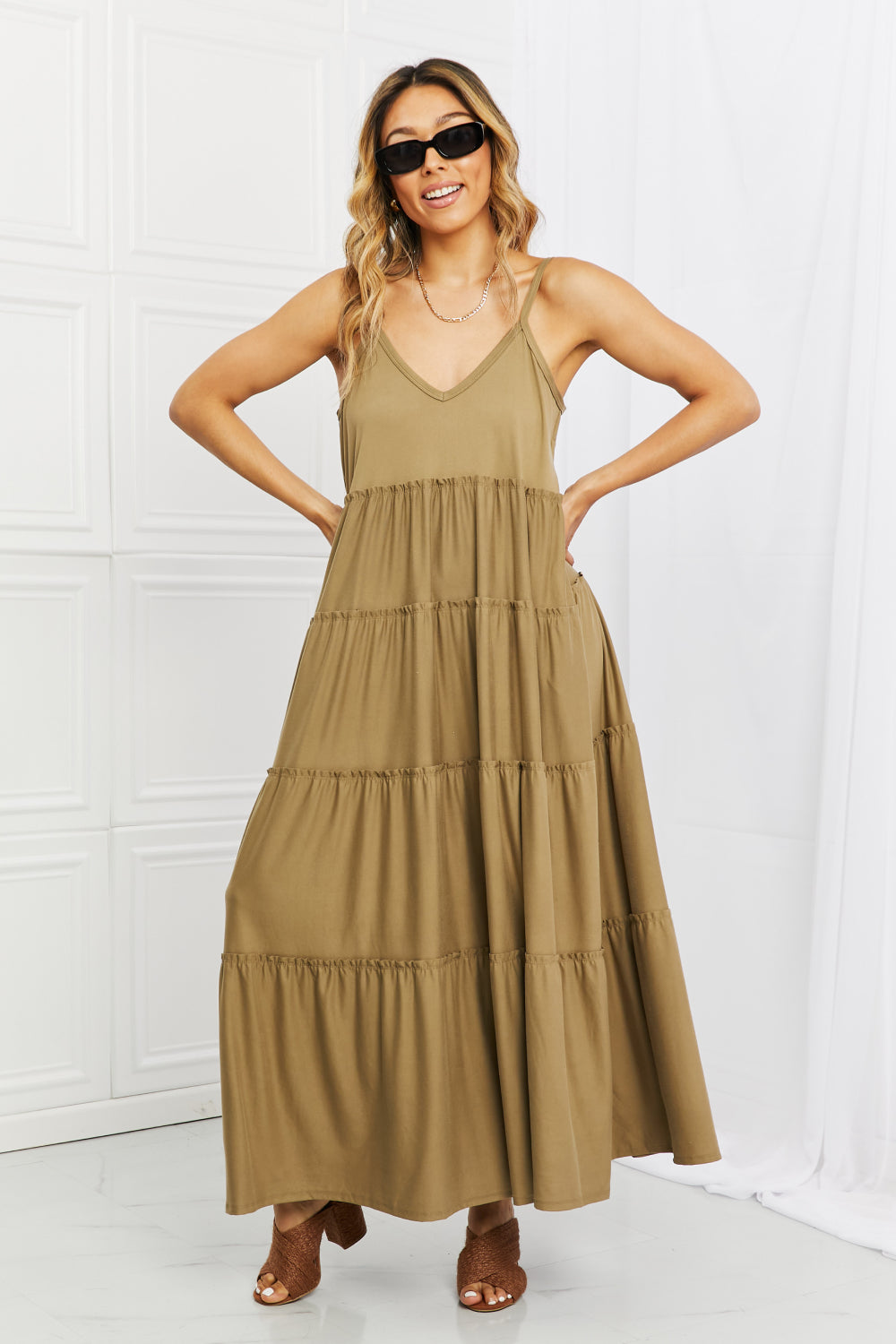 Zenana Full Size Spaghetti Strap Tiered Dress with Pockets in Khaki-Teresa&#39;s Fashionista LLC