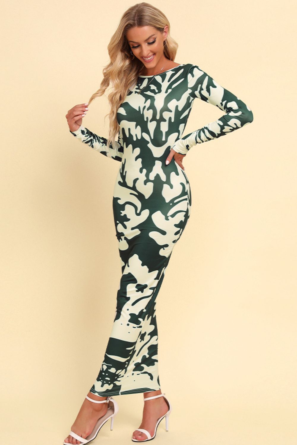 Printed Backless Long Sleeve Maxi Dress-Teresa&#39;s Fashionista LLC