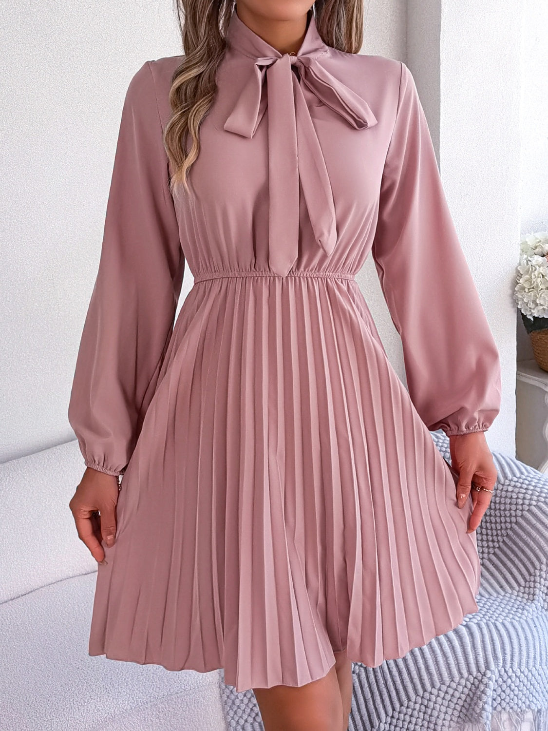 Tie Neck Balloon Sleeve Pleated Dress-Teresa&#39;s Fashionista LLC