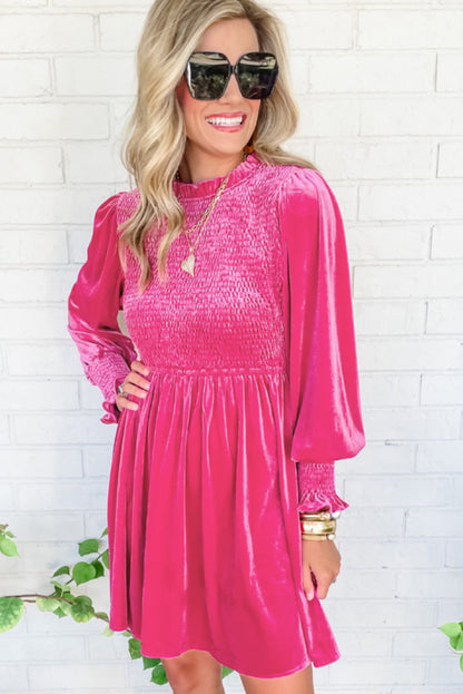 Rose Frilled Neck Smocked Bodice Velvet Dress-Teresa&#39;s Fashionista LLC