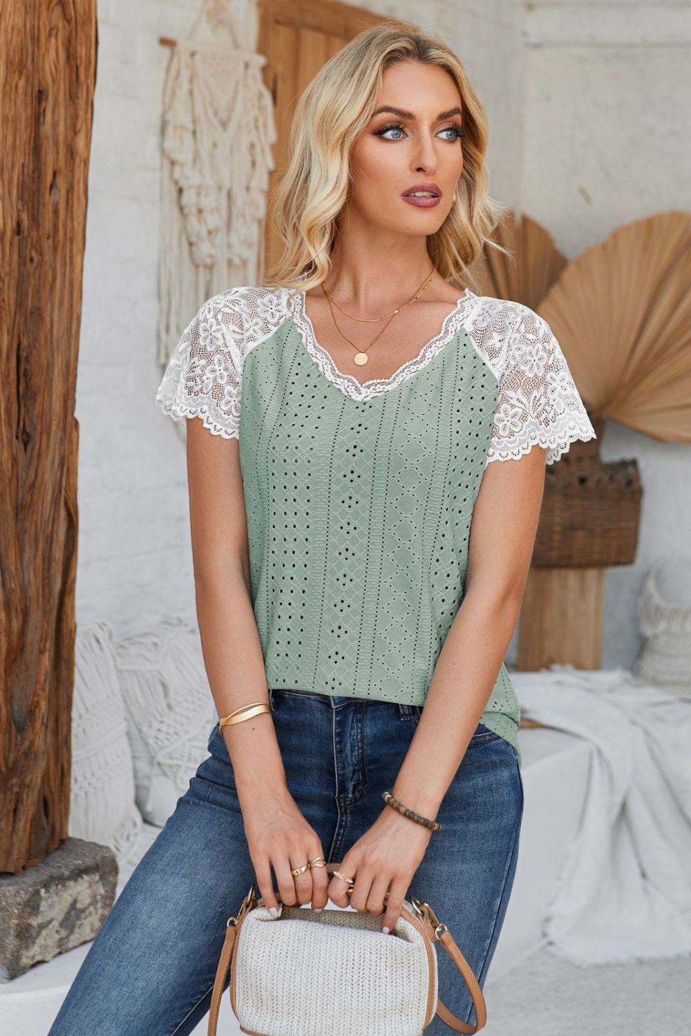 Eyelet V-Neck Lace Short Sleeve T-Shirt-Teresa&#39;s Fashionista LLC