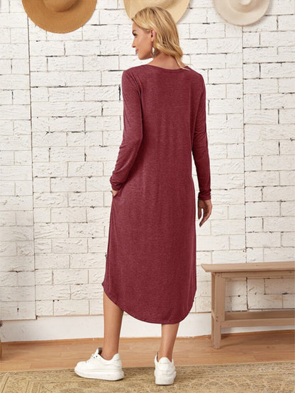 Pocketed Round Neck Long Sleeve Tee Dress-Teresa&#39;s Fashionista LLC