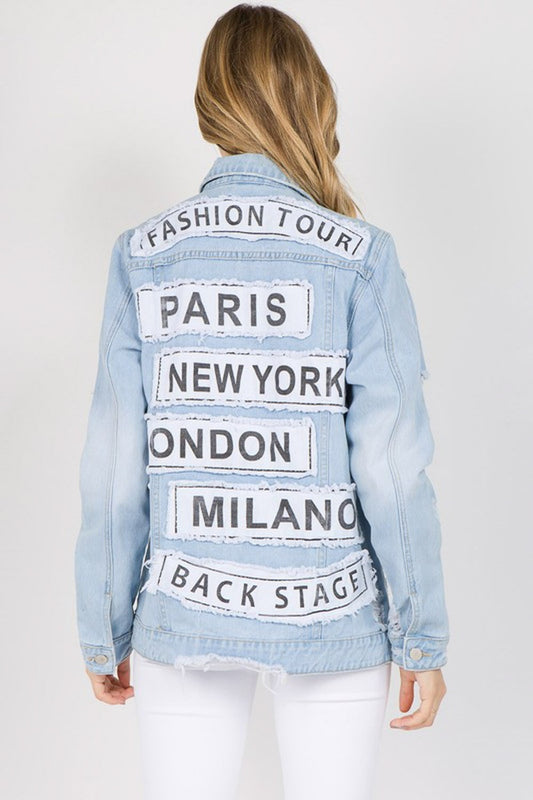 American Bazi Letter Patched Distressed Denim Jacket-Teresa&#39;s Fashionista LLC