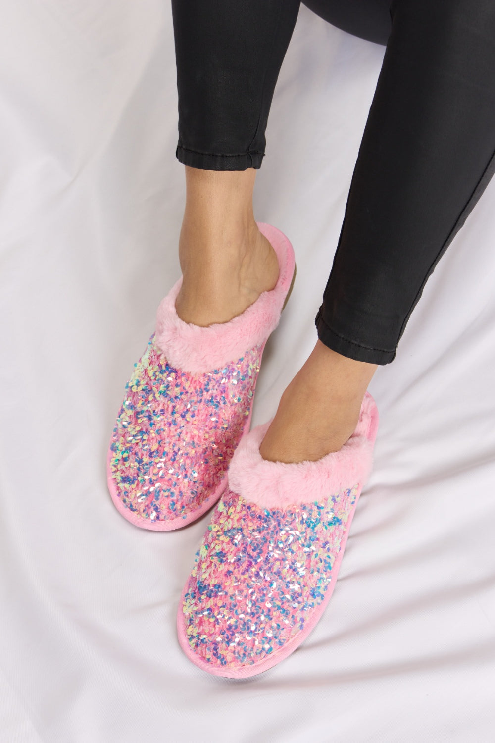 Forever Link Sequin Plush Round Toe Slippers-Teresa&#39;s Fashionista LLC