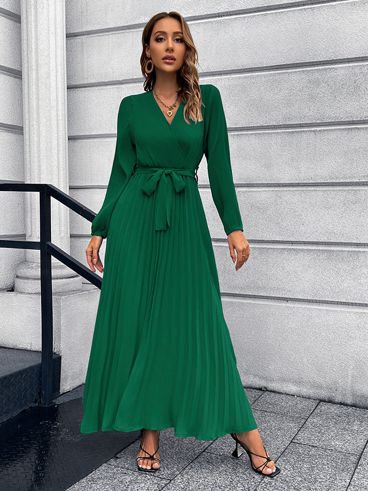 V-Neck Tie Waist Pleated Maxi Dress-Teresa&#39;s Fashionista LLC