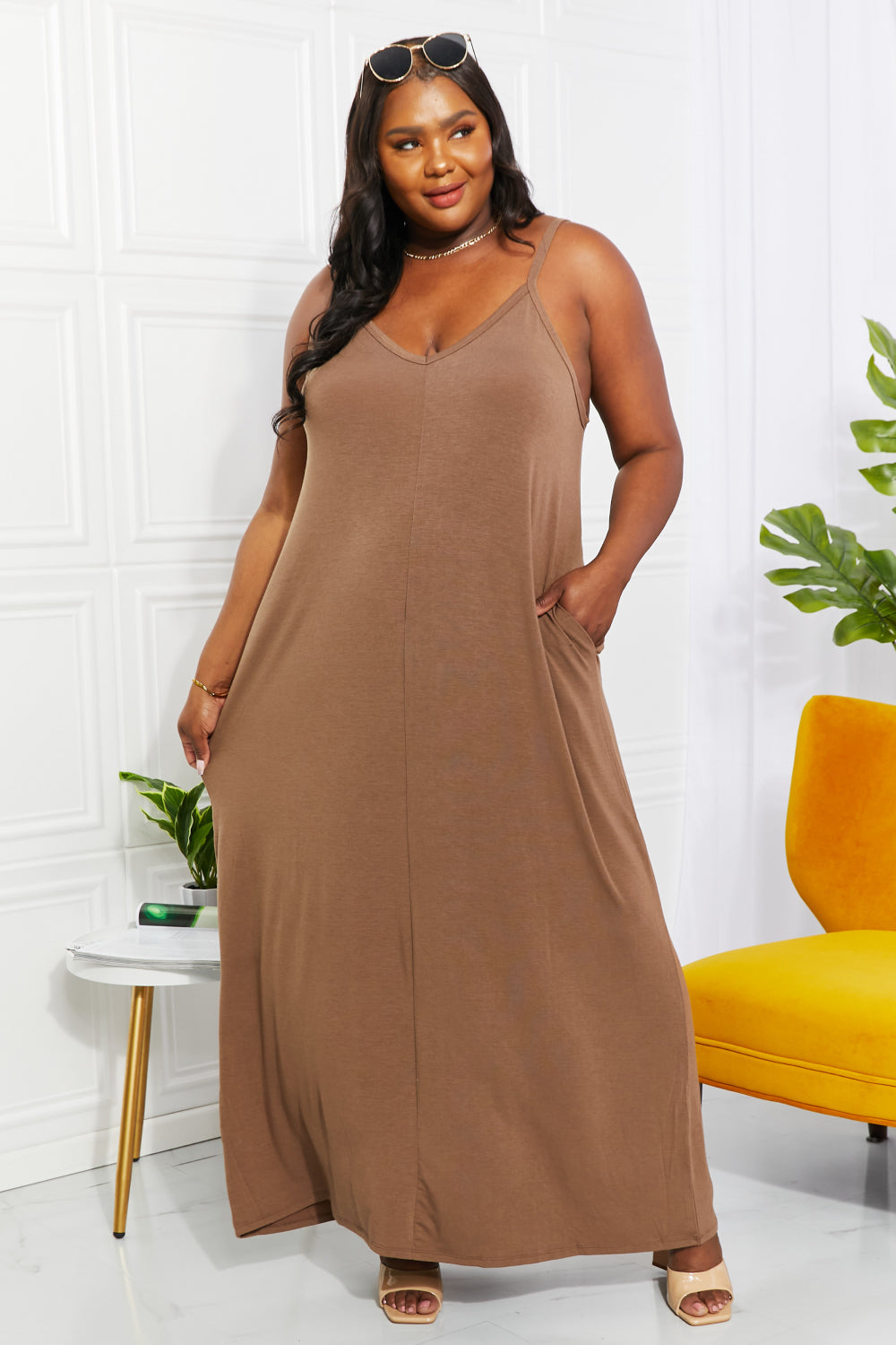 Zenana Full Size Beach Vibes Cami Maxi Dress in Mocha-Teresa&#39;s Fashionista LLC