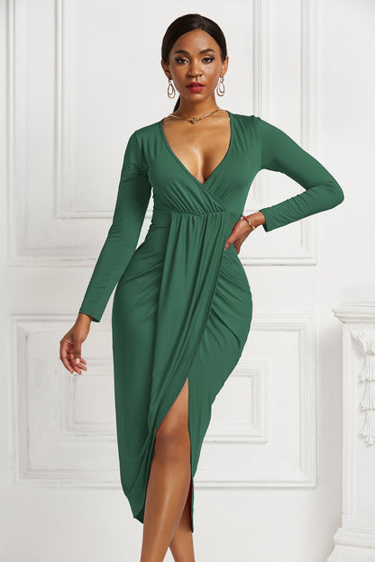 High-low Ruched Surplice Long Sleeve Dress-Teresa&#39;s Fashionista LLC