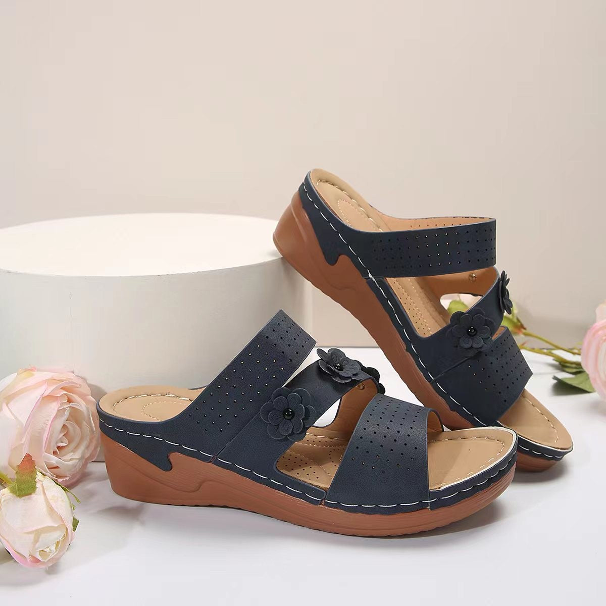 Flower PU Leather Wedge Sandals-Teresa&#39;s Fashionista LLC