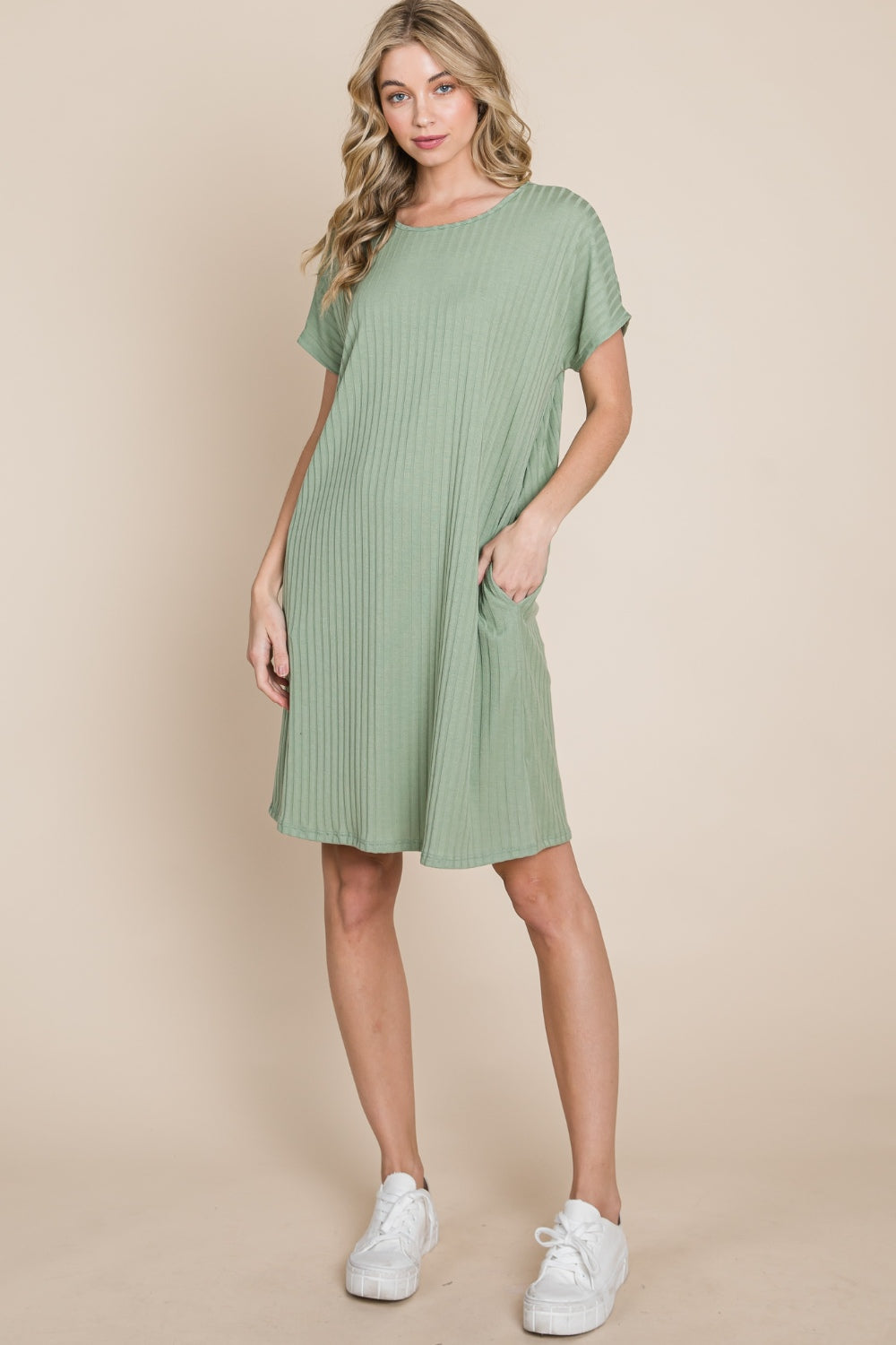 BOMBOM Ribbed Round Neck Short Sleeve Dress-Teresa&#39;s Fashionista LLC