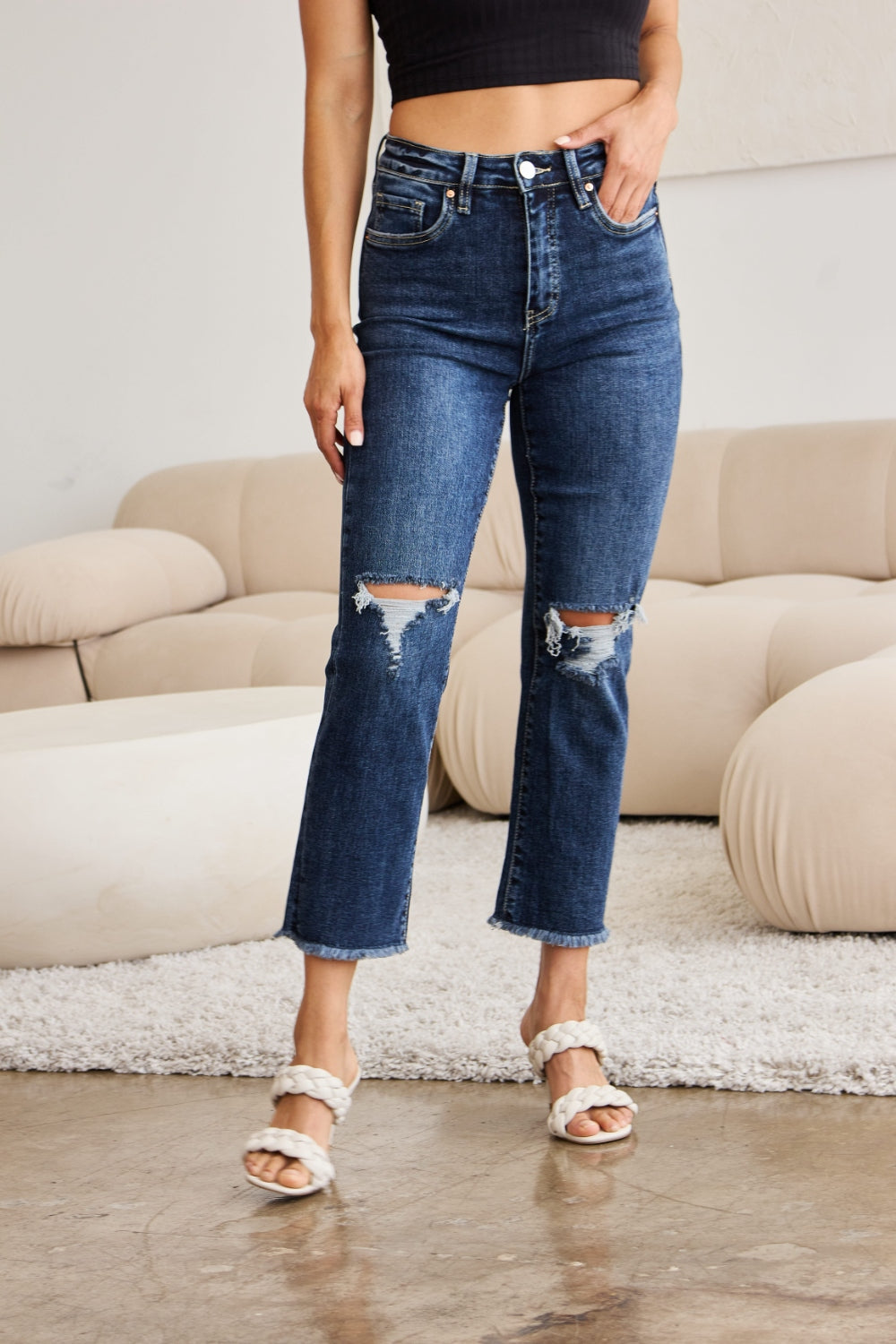 RFM Crop Dylan Full Size Tummy Control Distressed High Waist Raw Hem Jeans-Teresa&#39;s Fashionista LLC