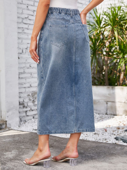 Slit Midi Denim Skirt with Pockets-Teresa&#39;s Fashionista LLC