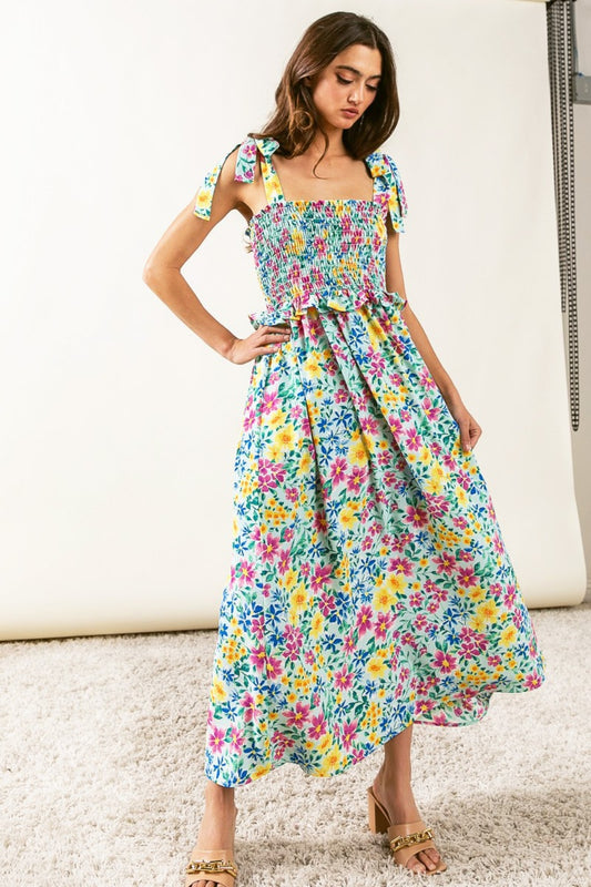 BiBi Floral Ruffle Trim Smocked Cami Dress-Teresa&#39;s Fashionista LLC