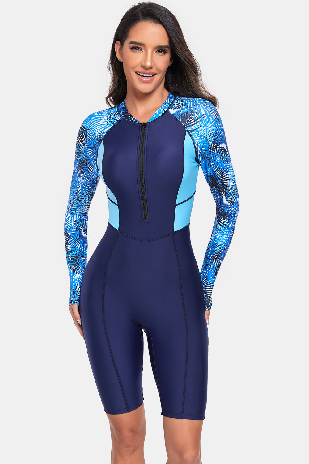 Printed Half Zip Long Sleeve One-Piece Swimwear-Teresa&#39;s Fashionista LLC