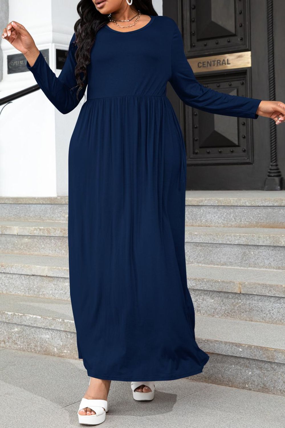 Plus Size Round Neck Long Sleeve Maxi Dress with Pockets-Teresa&#39;s Fashionista LLC