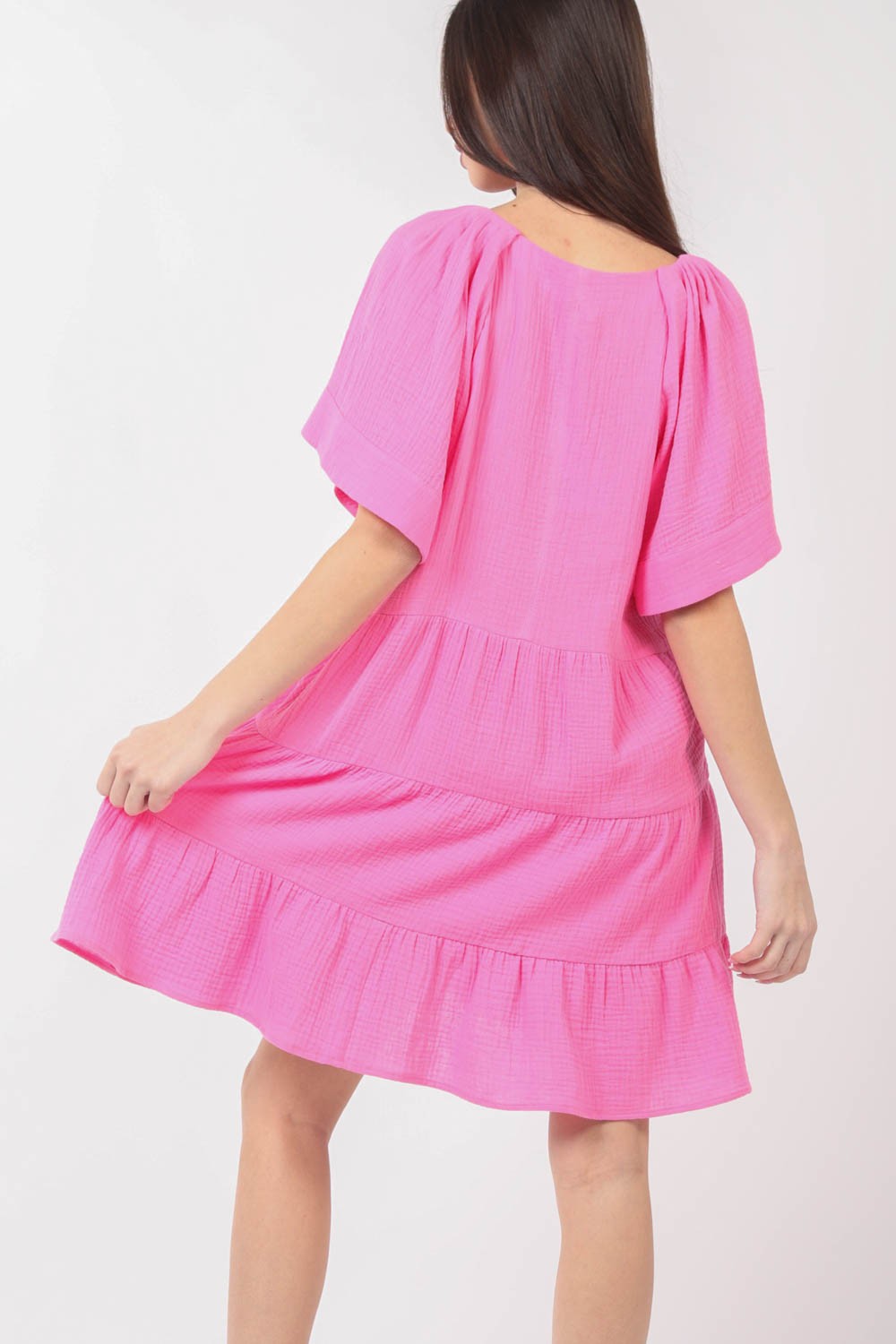 VERY J Texture V-Neck Ruffled Tiered Dress-Teresa&#39;s Fashionista LLC