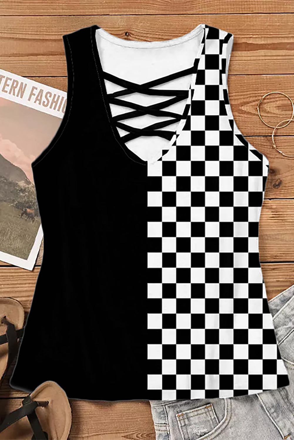 Crisscross Checkered Wide Strap Tank-Teresa&#39;s Fashionista LLC