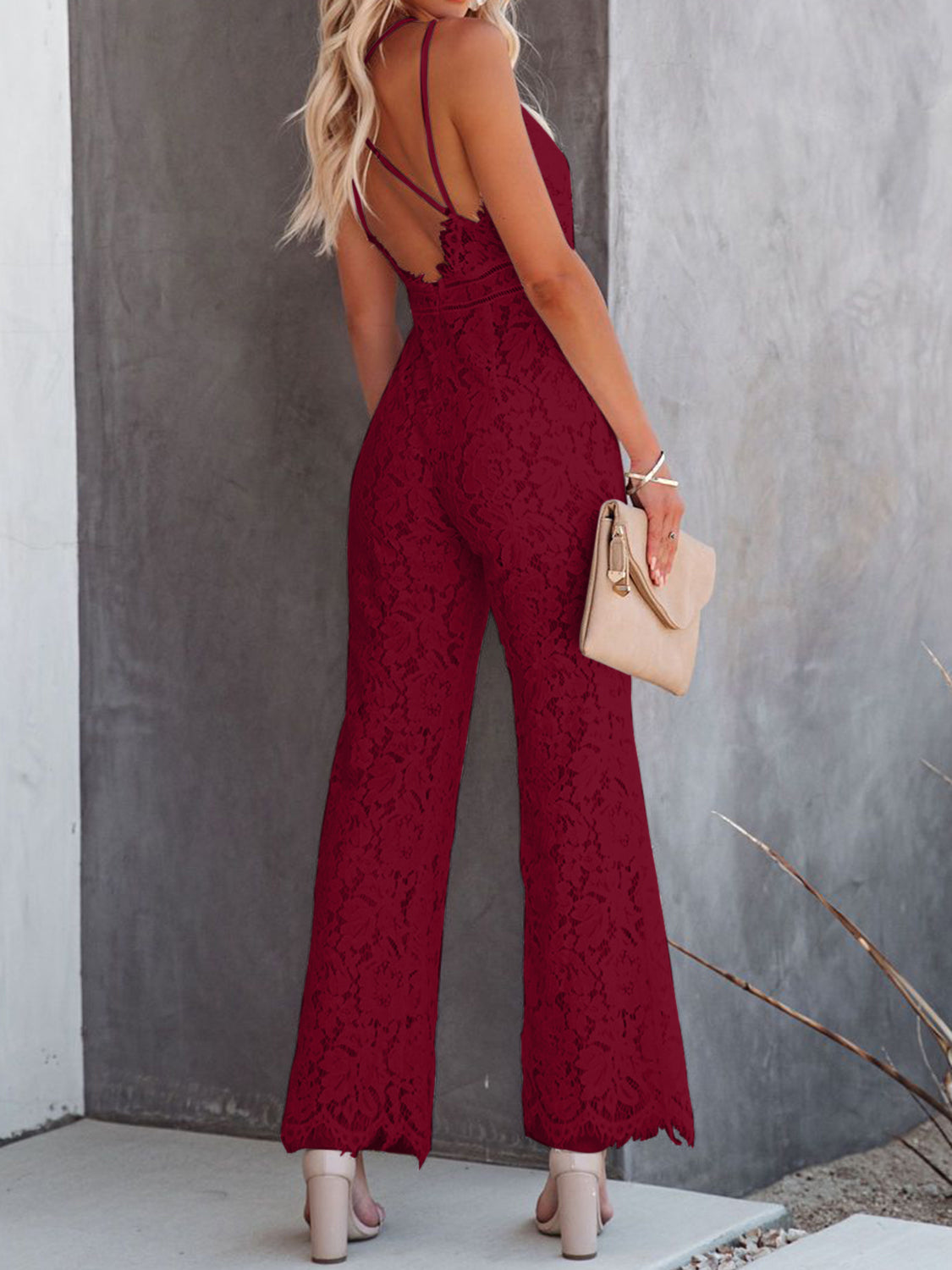 Lace V-Neck Spaghetti Strap Jumpsuit-Teresa&#39;s Fashionista LLC