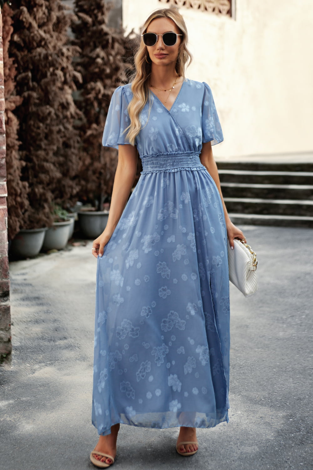 Floral Print V-Neck Smocked Waist High Slit Maxi Dress-Teresa&#39;s Fashionista LLC