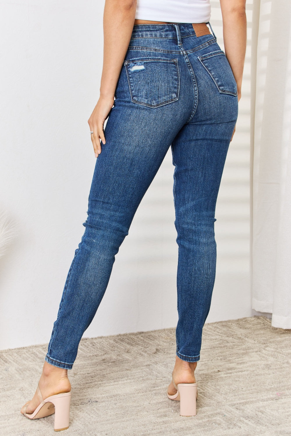 Judy Blue Full Size Mid Waist Distressed Slim Jeans-Teresa&#39;s Fashionista LLC